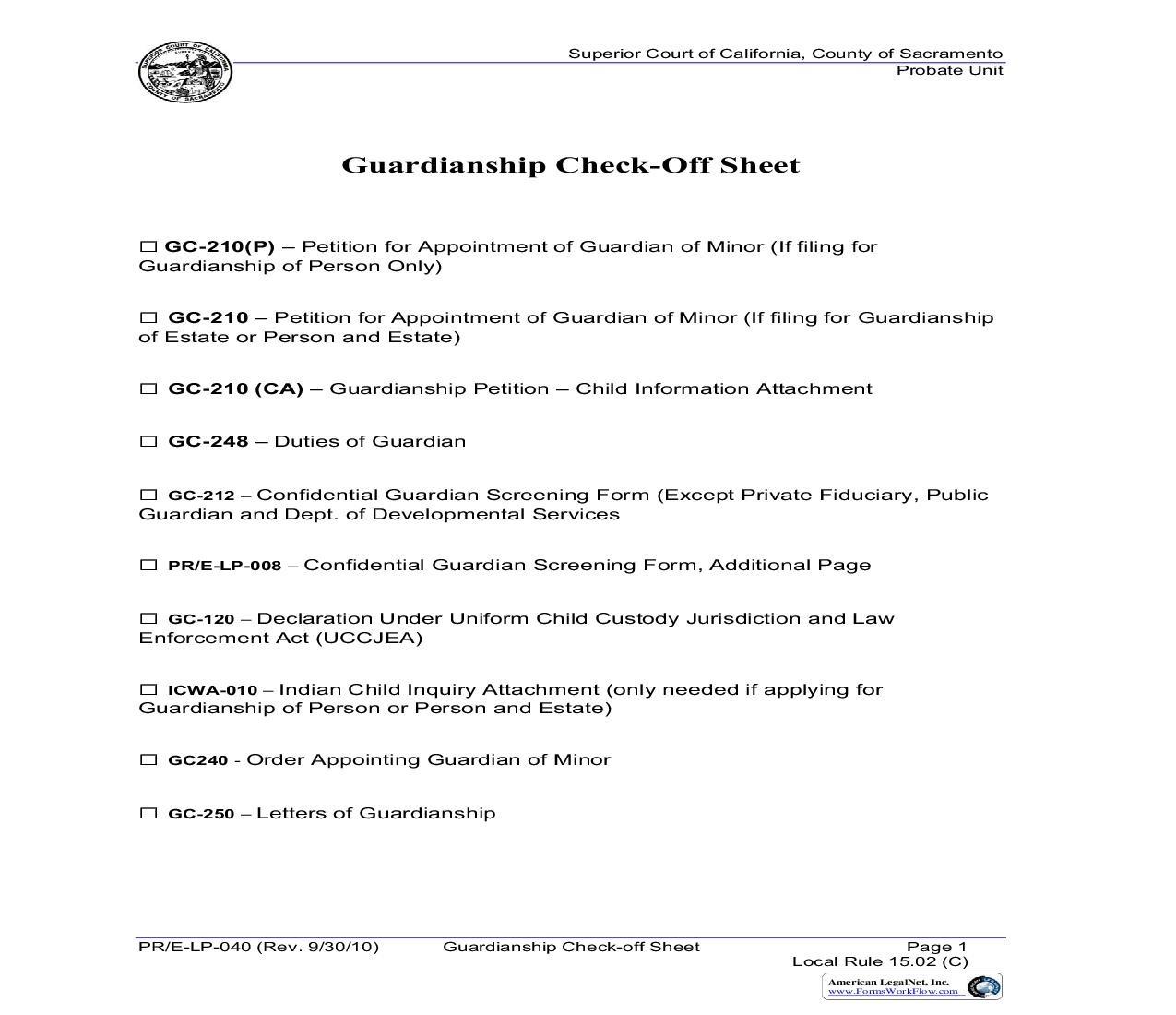 Guardianship Check-Off Sheet {PR-E-LP-040} | Pdf Fpdf Doc Docx | California
