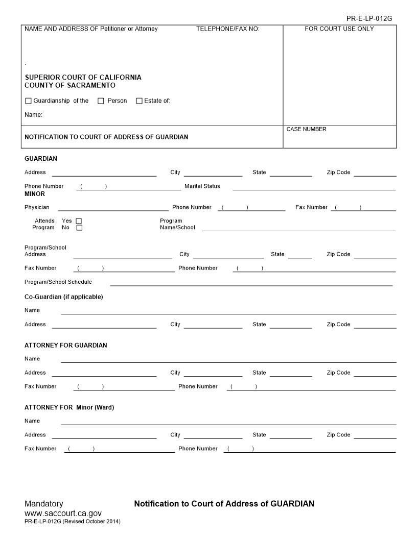 Notification To Court Of Address Of Guardian {PR-E-LP-012G} | Pdf Fpdf Doc Docx | California