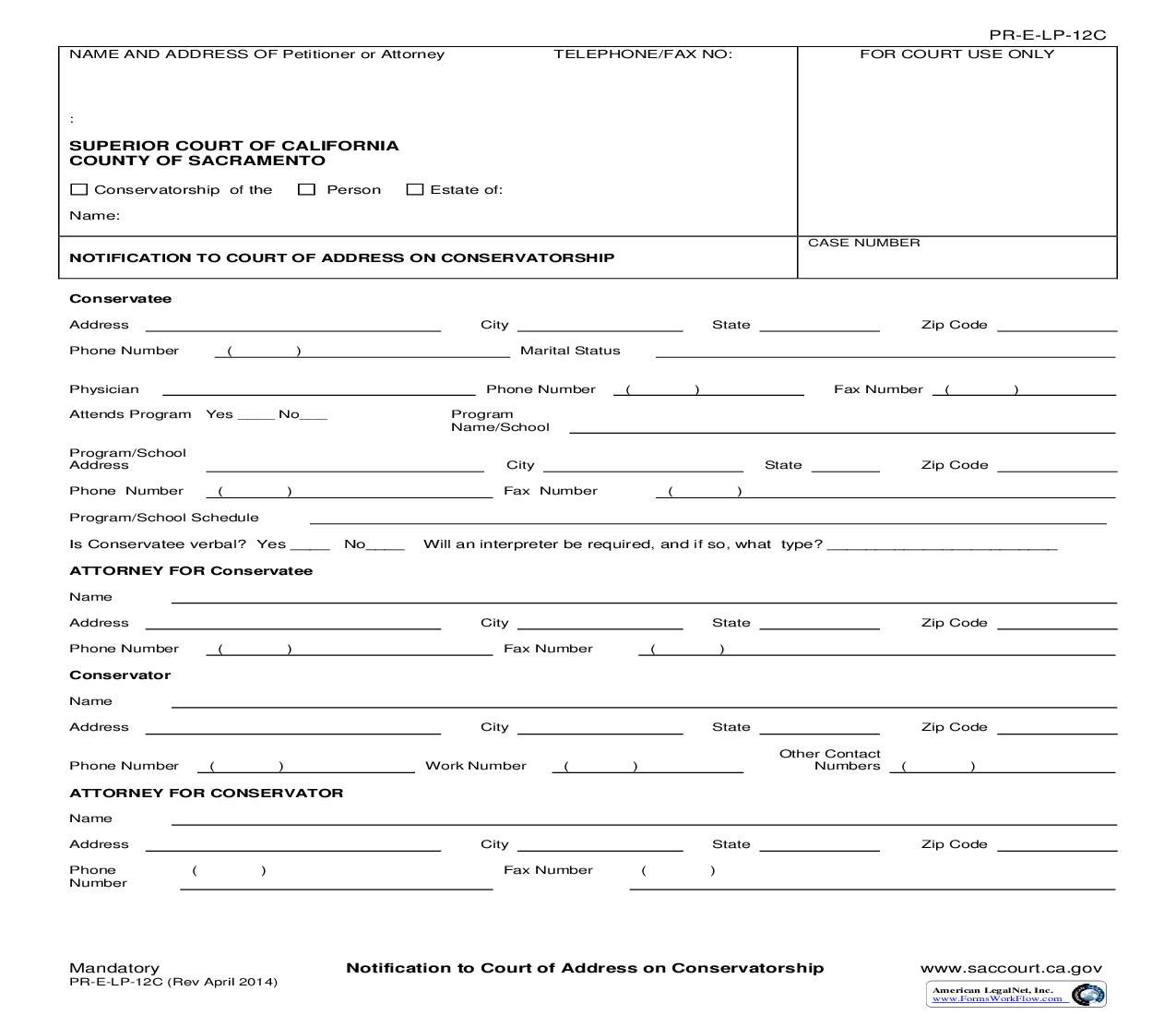 Notification To Court Of Address On Conservatorship {PR-E-LP-12C} | Pdf Fpdf Doc Docx | California
