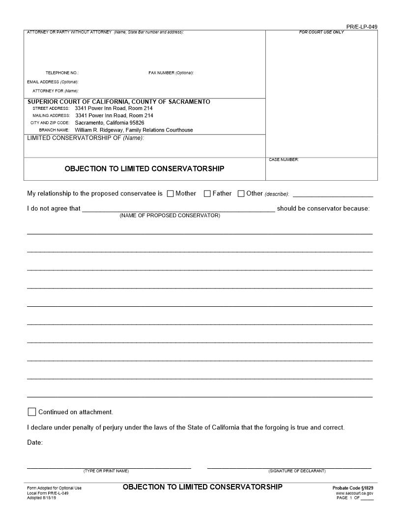 Objection To Limited Conservatorship {PR-E-L-049} | Pdf Fpdf Docx | California