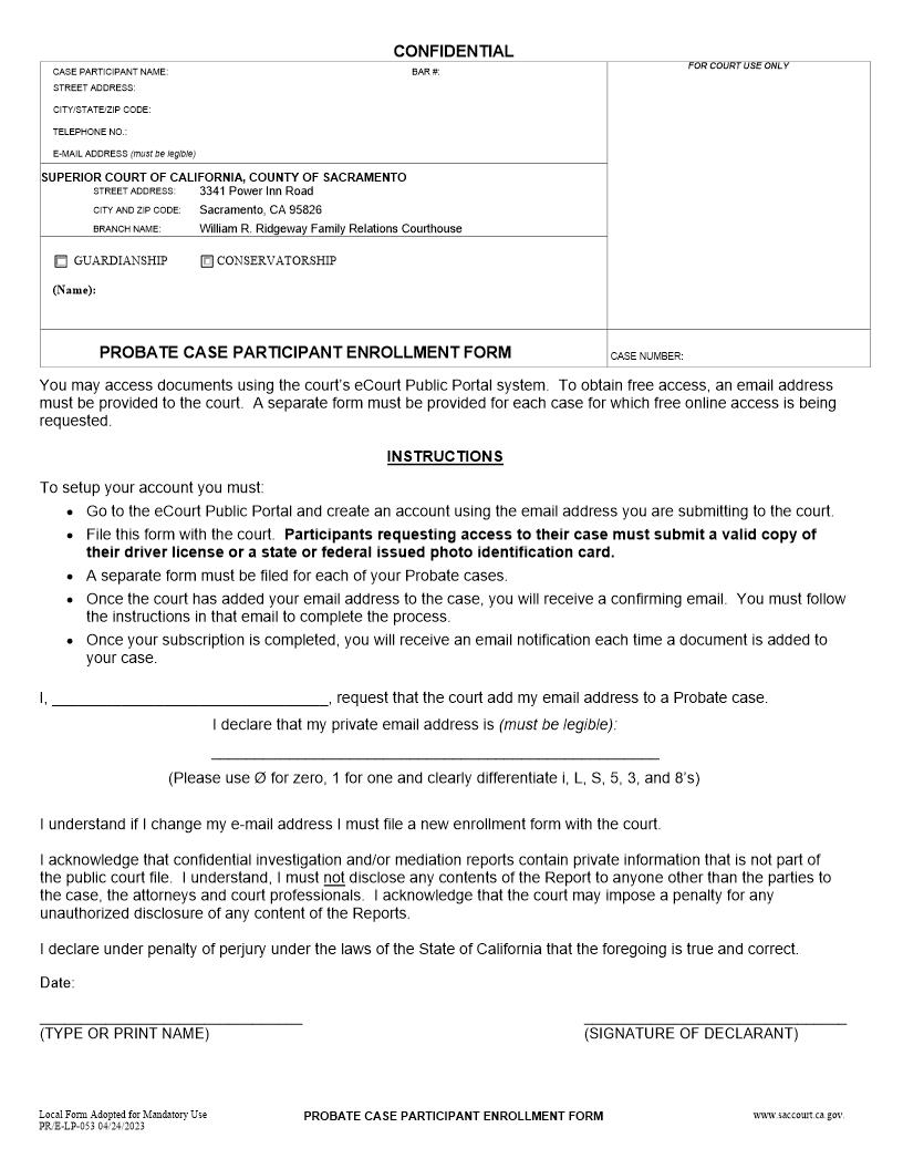 Probate Case Participant Enrollment Form {PR-E-053} | Pdf Fpdf Docx | California