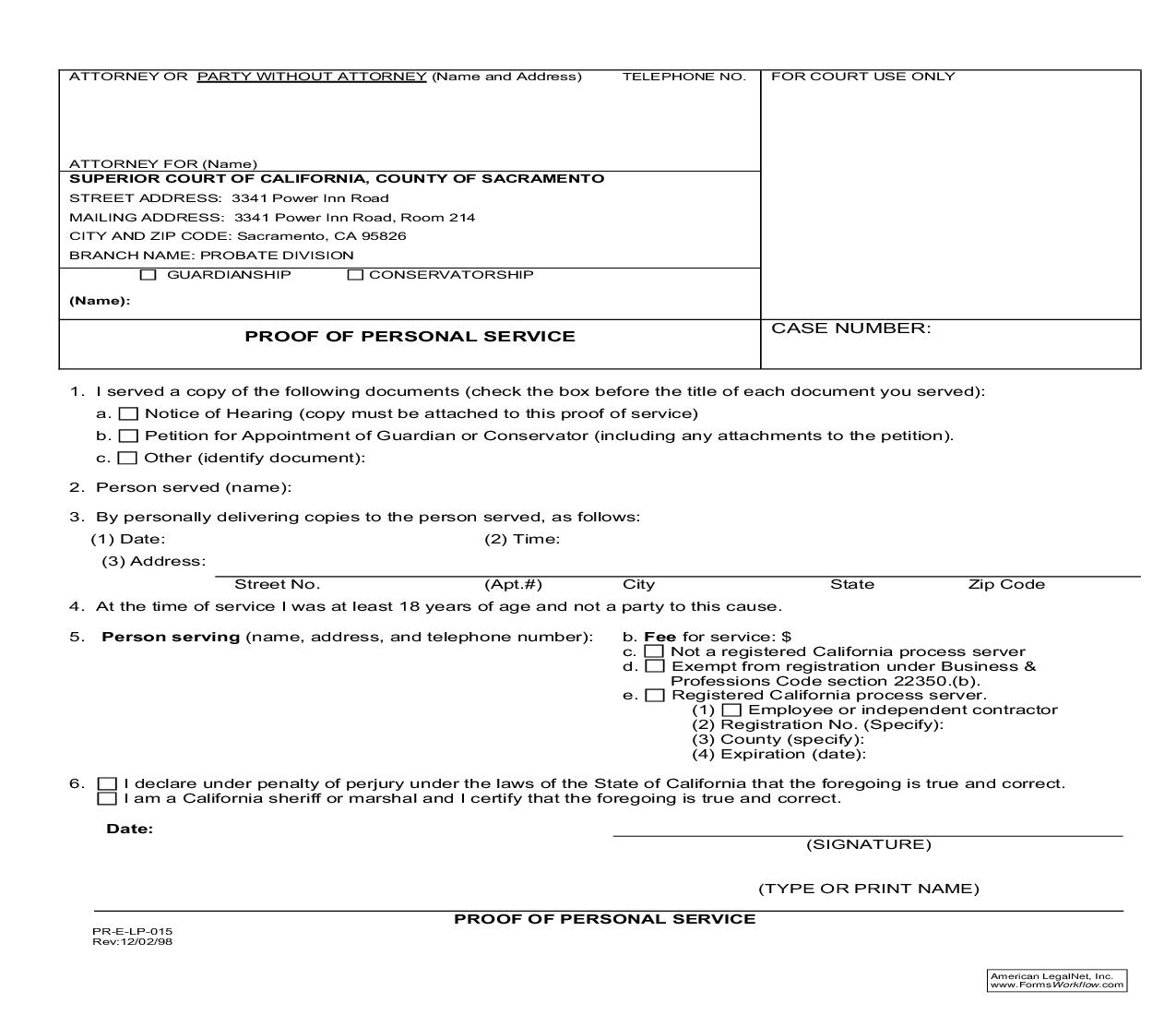 Proof Of Personal Service {PR-E-LP-015} | Pdf Fpdf Doc Docx | California