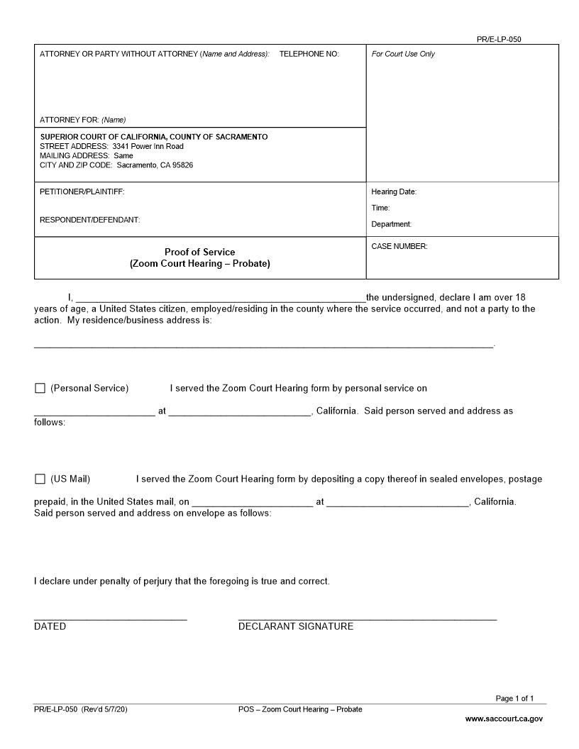 Proof Of Personal Service (Zoom Court Hearing Probate) {PR-E-LP-050} | Pdf Fpdf Docx | California
