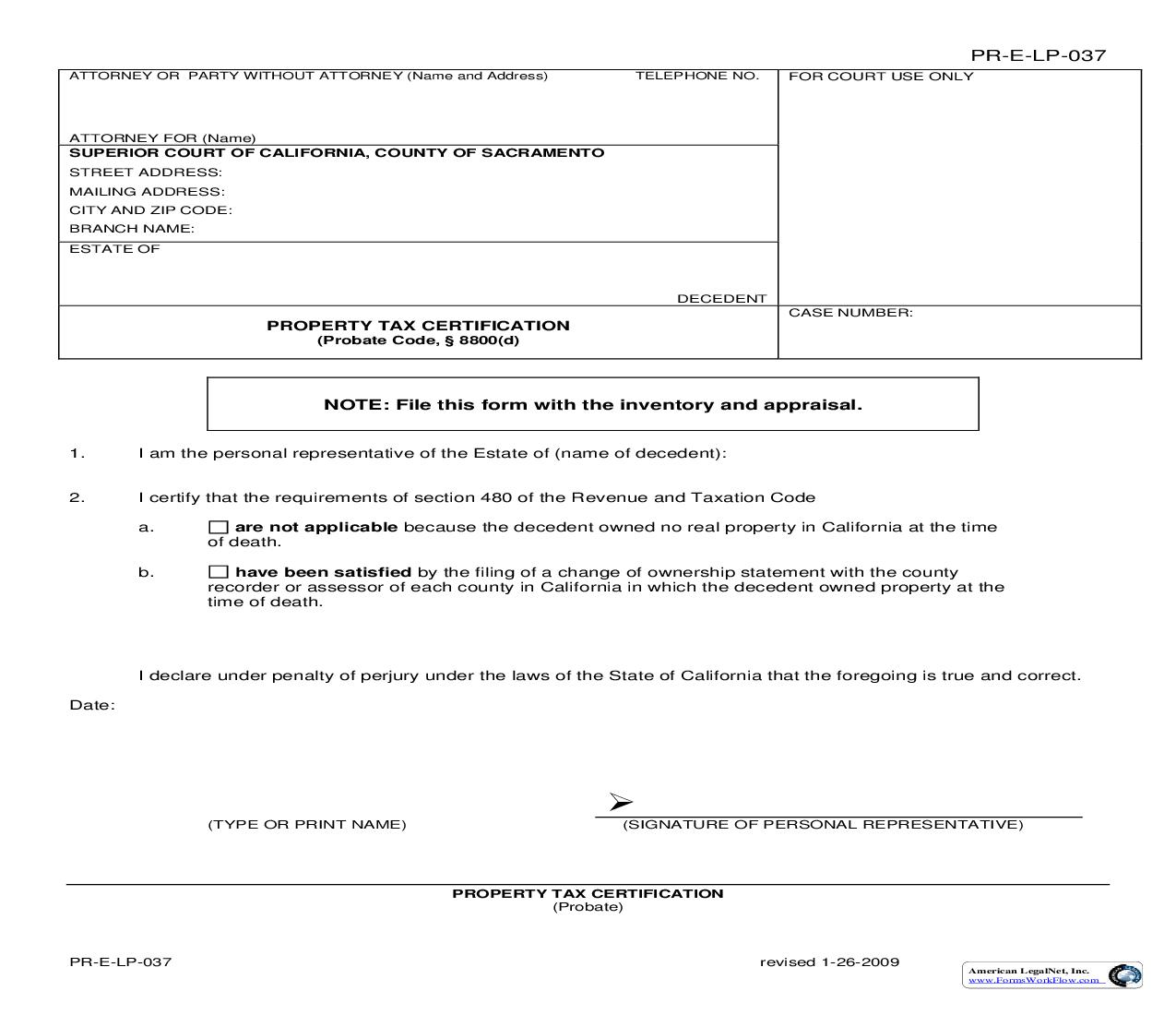 Property Tax Certification (Probate) {PR-E-LP-037} | Pdf Fpdf Doc Docx | California