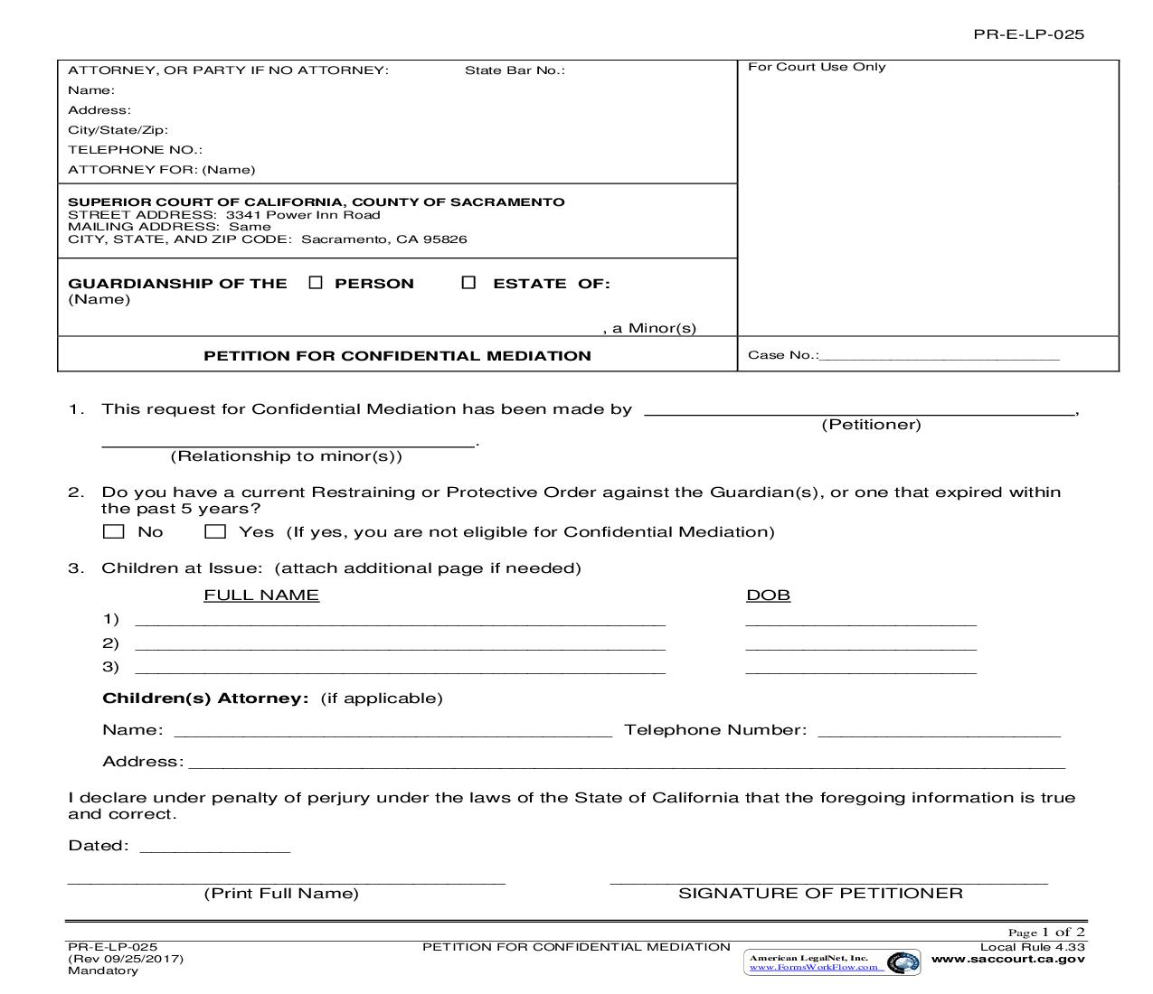Request For Confidential Mediation {PR-E-LP-025} | Pdf Fpdf Docx | California