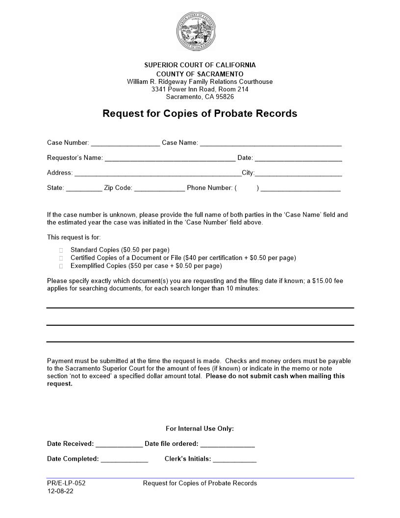 Request For Copies Of Probate Records {PR-LP-E-052} | Pdf Fpdf Docx | California