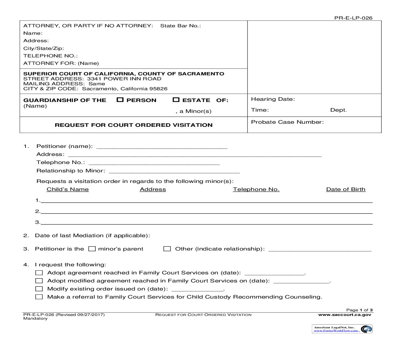 Request For Court-Ordered Visitation {PR-E-LP-026} | Pdf Fpdf Docx | California