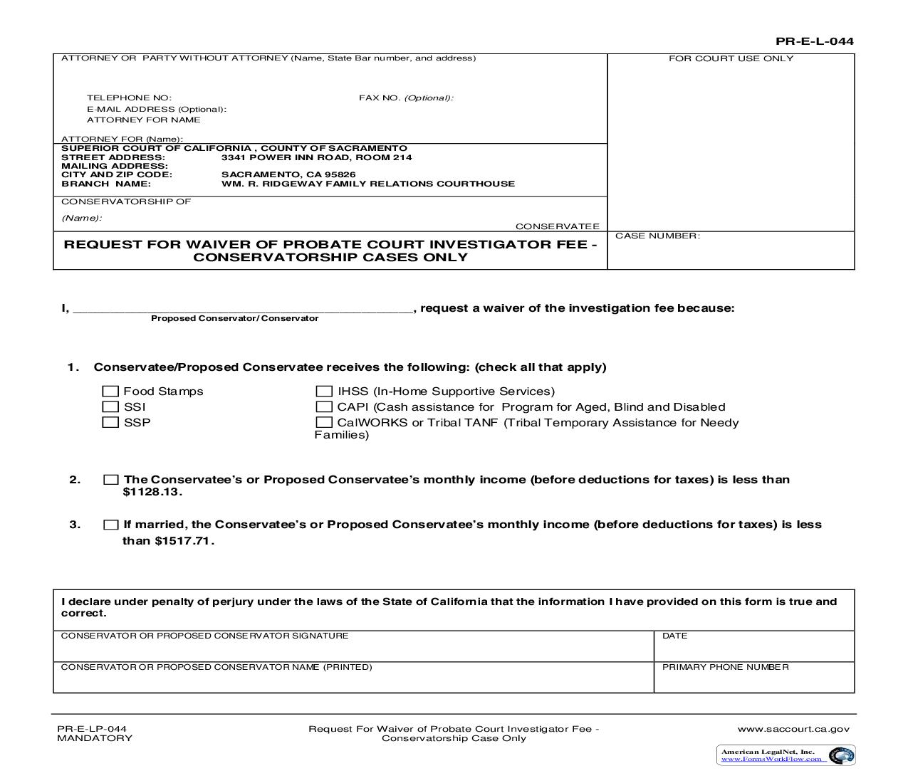 Request For Waiver Of Probate Court Investigator Fee-Conservatorship Case Only {PRE-E-LP-044} | Pdf Fpdf Doc Docx | California