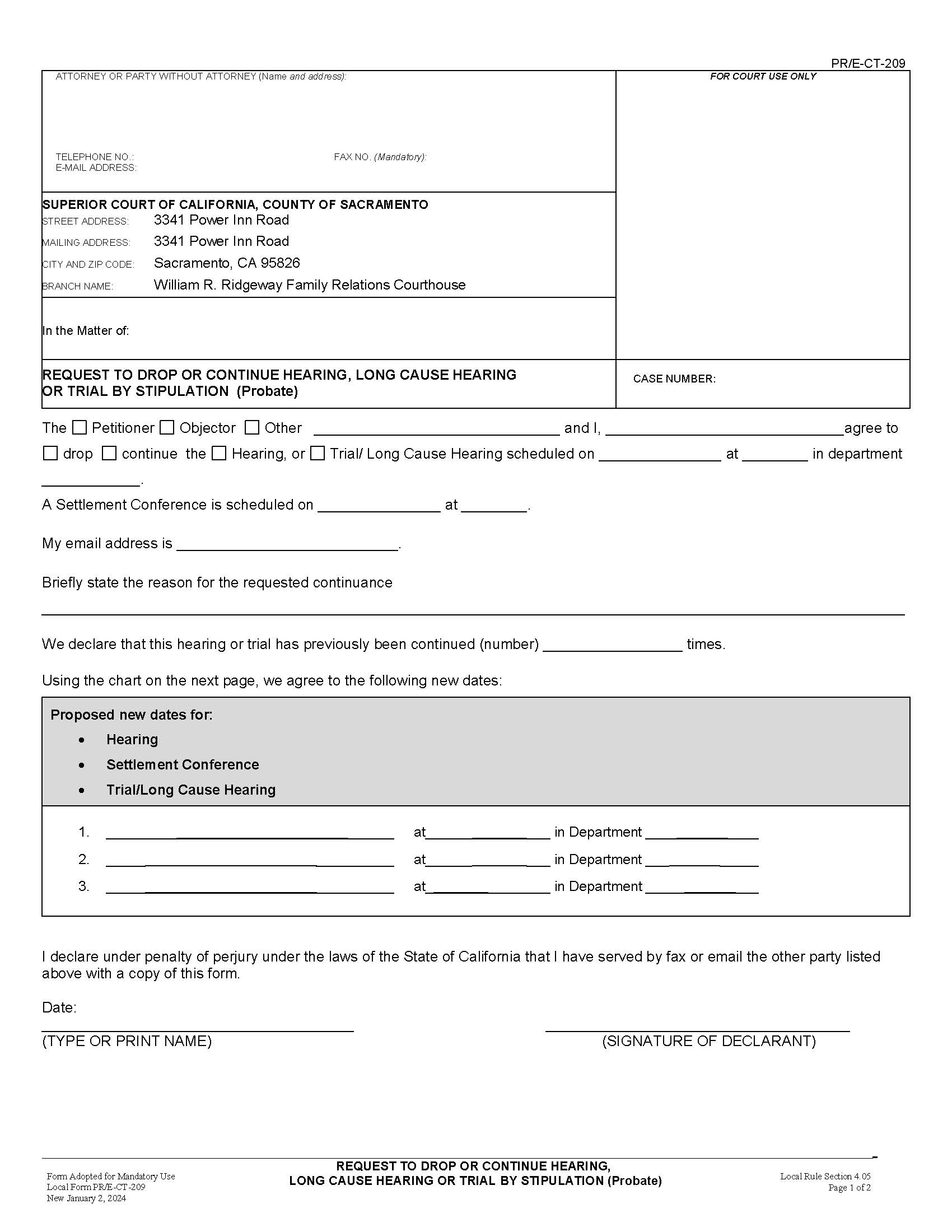 Request To Drop Or Continue Hearing Long Cause Hearing Or Trial {PR-E-CT-209} | Pdf Fpdf Docx | California