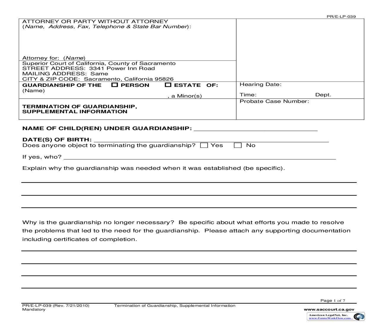 Termination Of Guardianship-Supplemental Information {PRE-E-LP-039} | Pdf Fpdf Doc Docx | California