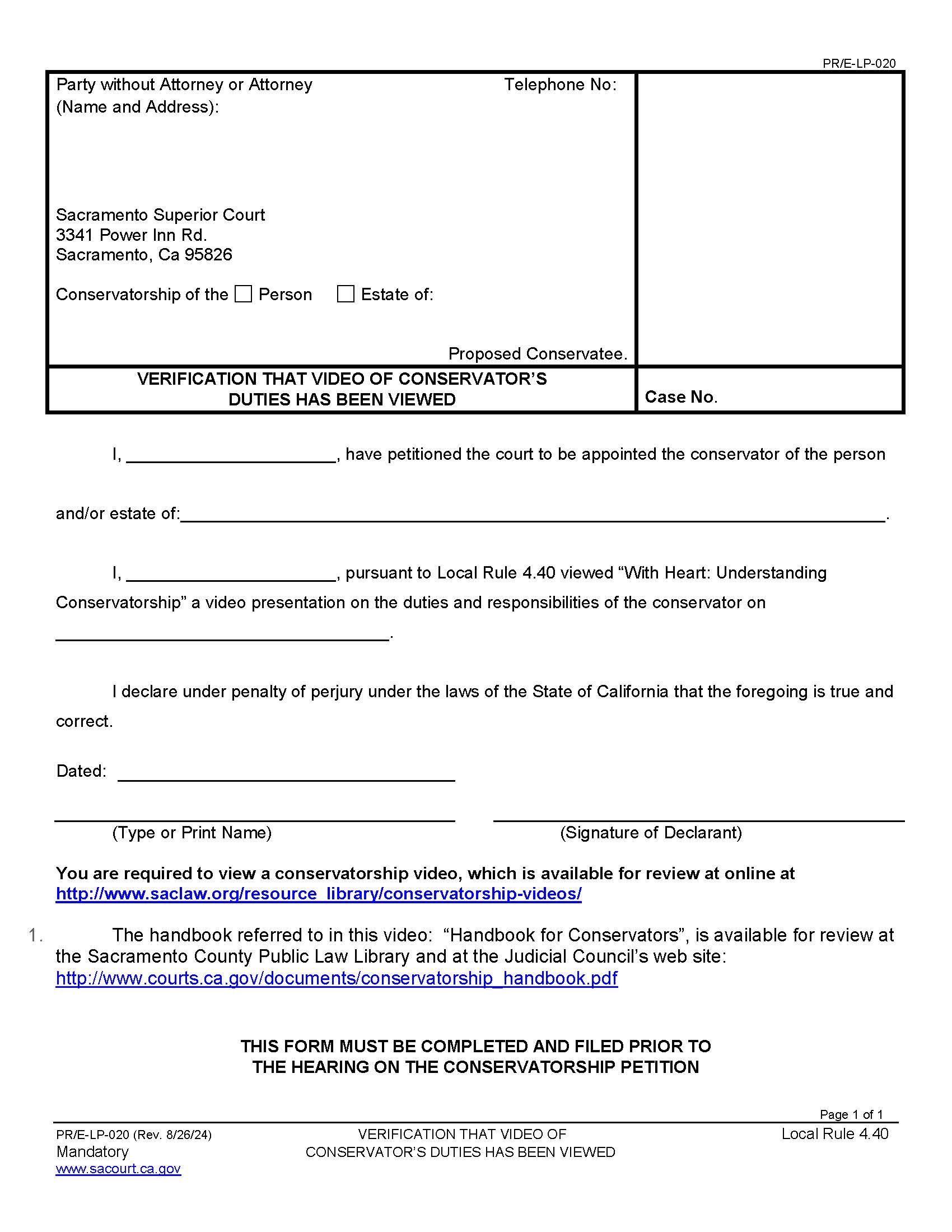 Verification That Video Tape Of Conservators Duties Has Been Viewed {PR-E-LP-020} | Pdf Fpdf Docx | California