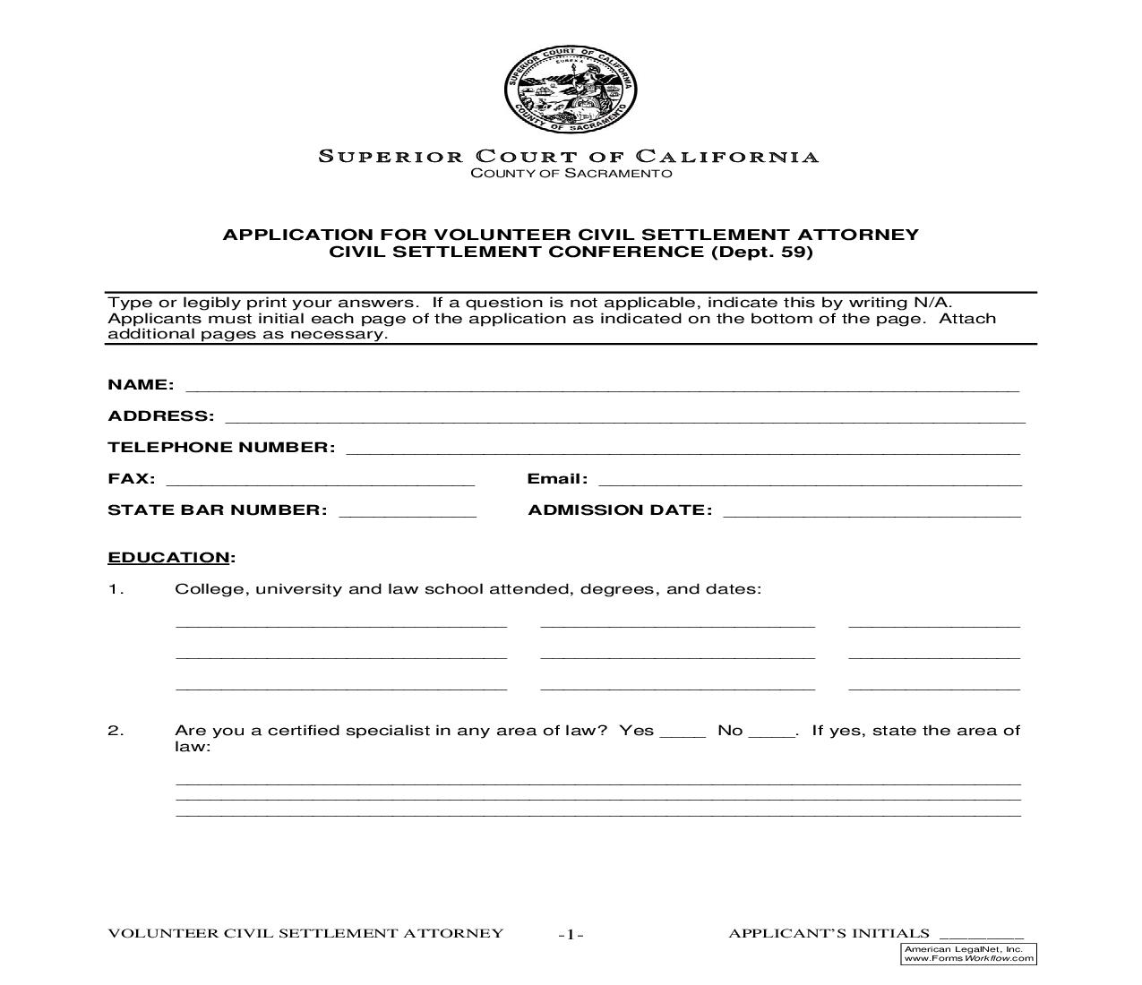 Application For Volunteer Civil Settlement Attorney Civil Settlement Conference (Dept. 59) | Pdf Fpdf Doc Docx | California