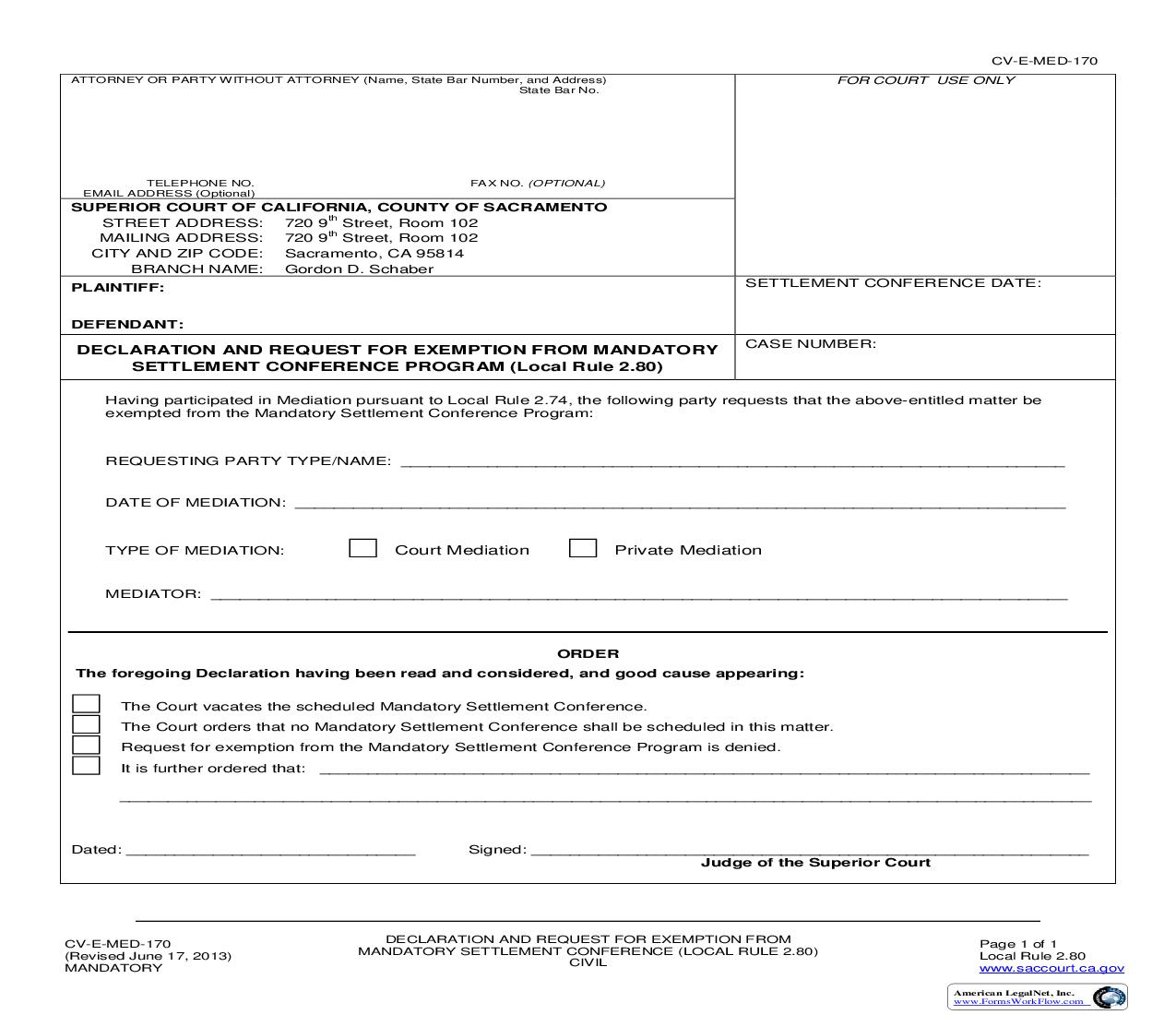 Declaration And Request For Exemption From Mandatory Settlement Conference Program {CV-E-MED-170} | Pdf Fpdf Doc Docx | California