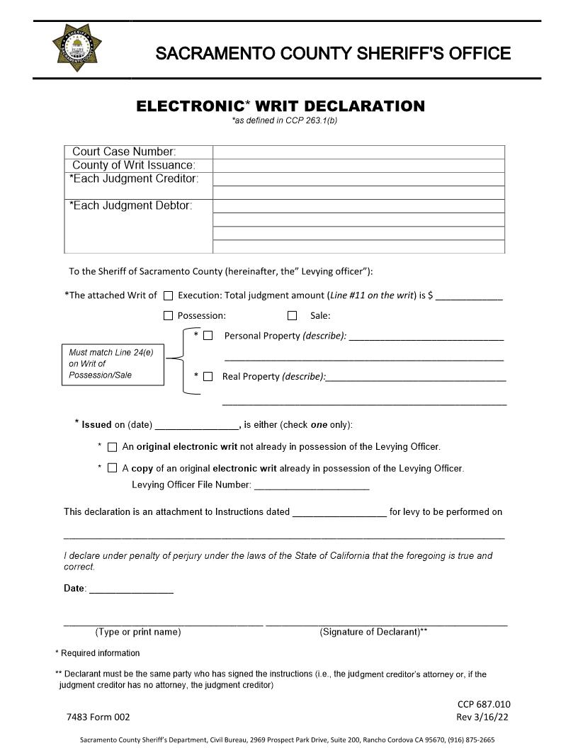 Electronic Writ Declaration {7483 002} | Pdf Fpdf Doc Docx | California