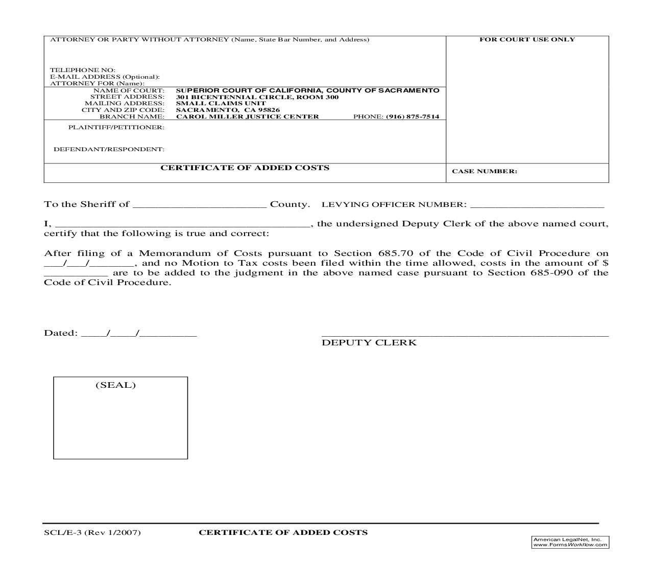 Certificate Of Added Costs {SCL-E-3} | Pdf Fpdf Doc Docx | California