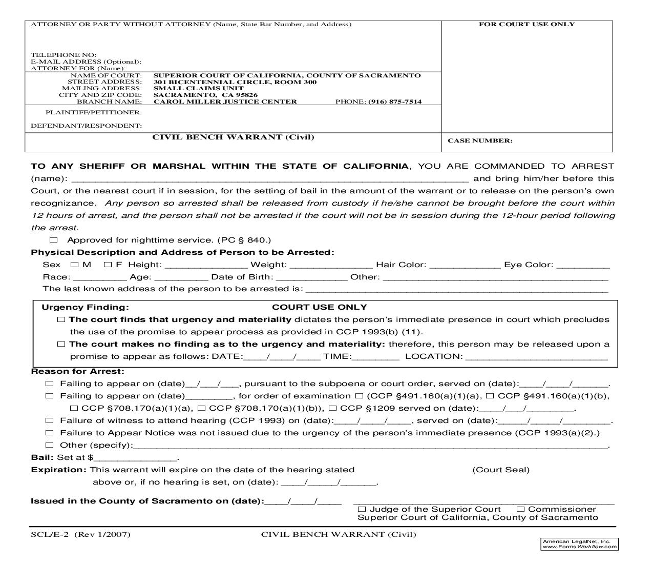 Civil Bench Warrant (Civil) (Small Claims) {SCL-E-2} | Pdf Fpdf Doc Docx | California