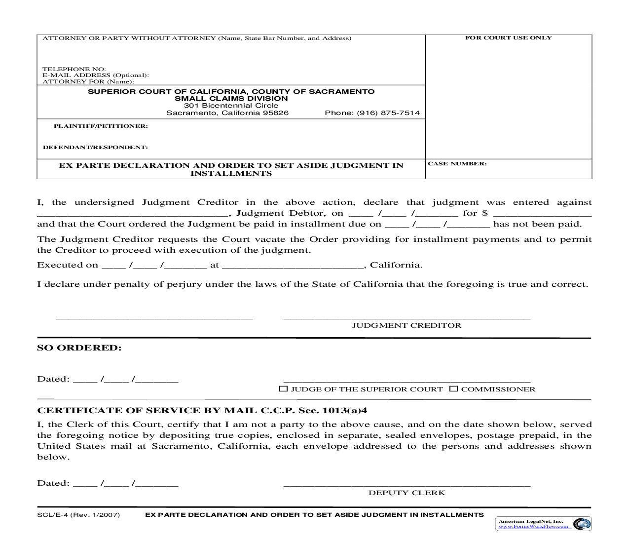 Ex Parte Declaration And Order To Set Aside Judgment In Installments {SCL-E-4} | Pdf Fpdf Doc Docx | California