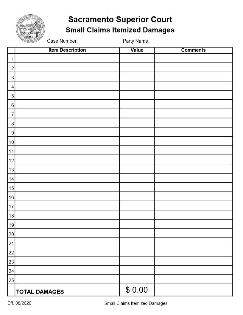 Small Claims Itemized Damages | Pdf Fpdf Docx | California