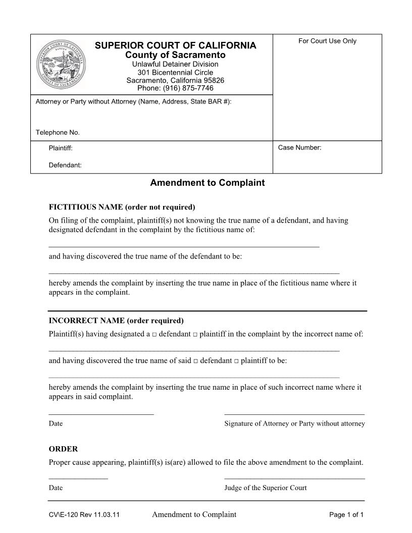 Amendment To Complaint {UD-CV-E-120} | Pdf Fpdf Docx | California