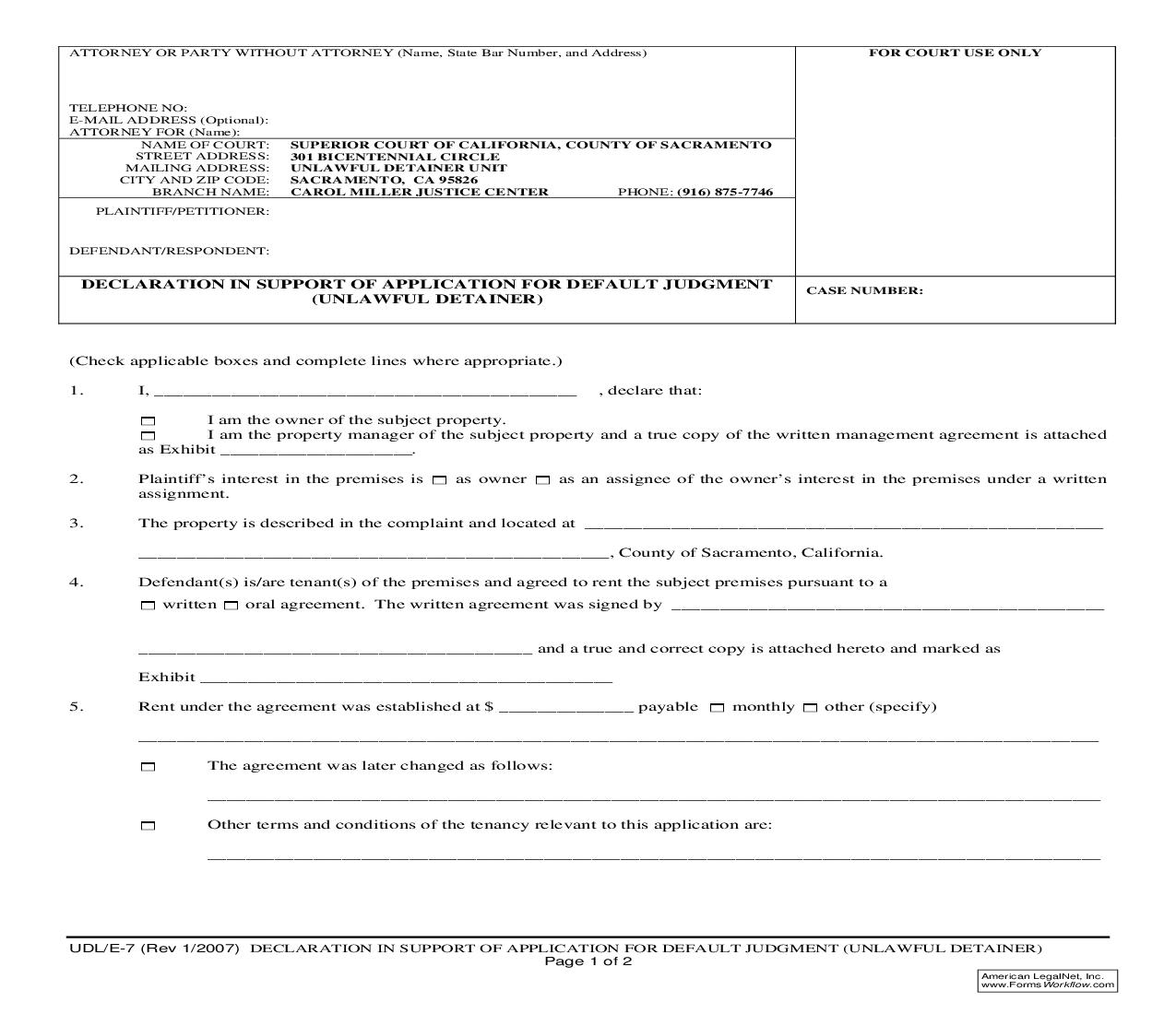 Declaration In Support Of Application For Default Judgment (Unlawful Detainer) {UDL-E-7} | Pdf Fpdf Doc Docx | California