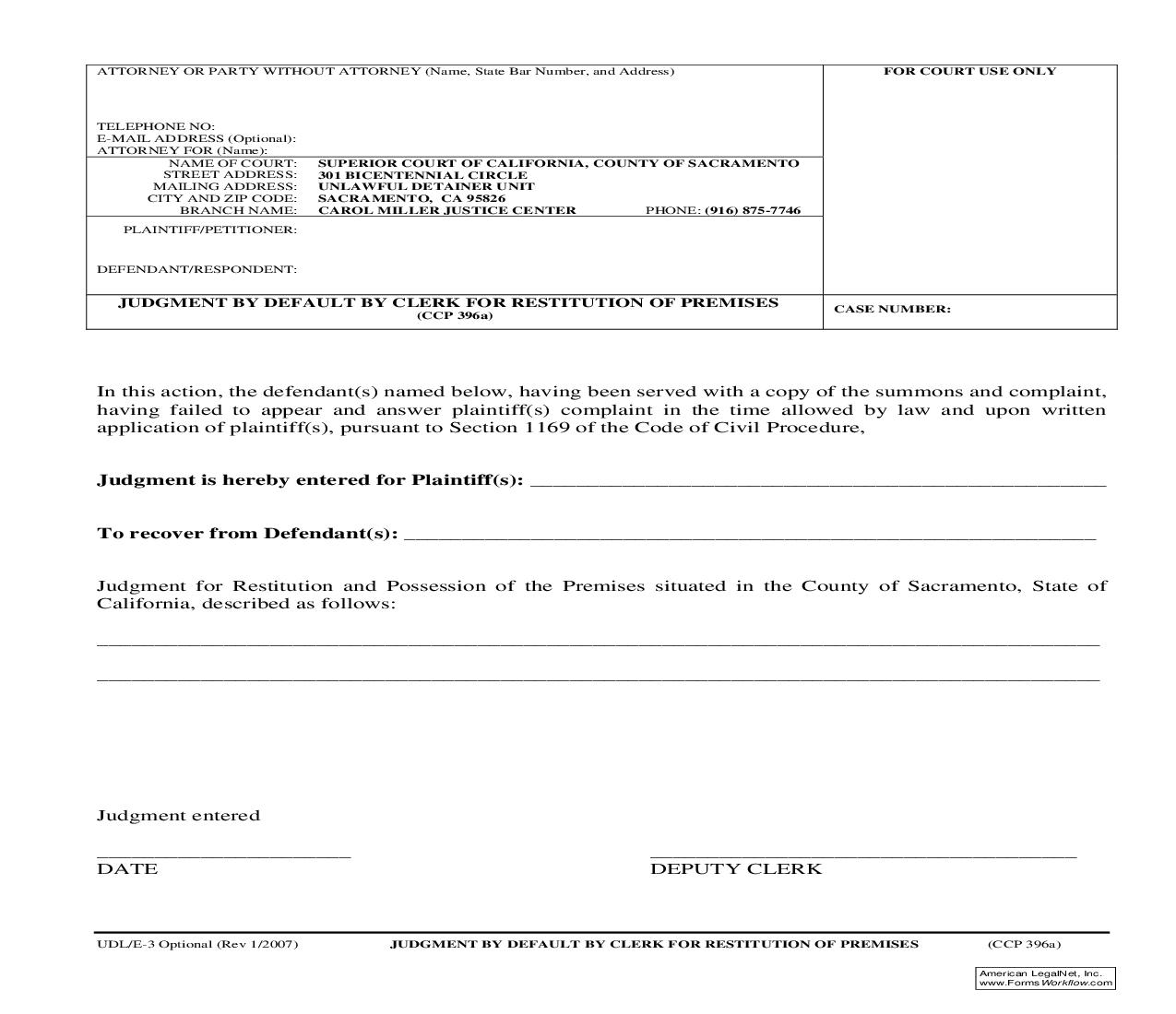 Judgment By Default By Clerk For Restitution Of Premises {UDL-E-3} | Pdf Fpdf Doc Docx | California