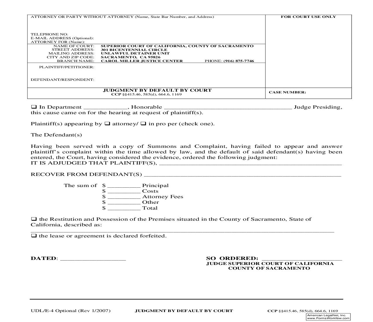 Judgment By Default By Court {UDL-E-4} | Pdf Fpdf Doc Docx | California