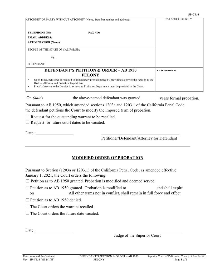 AB1950 Petition And Order Felony {SB-CR-8} | Pdf Fpdf Docx | California