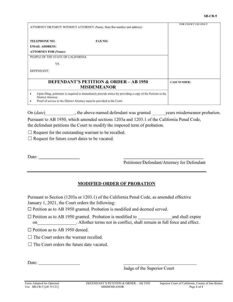 AB1950 Petition And Order Misdemeanor {SB-CR-9} | Pdf Fpdf Docx | California