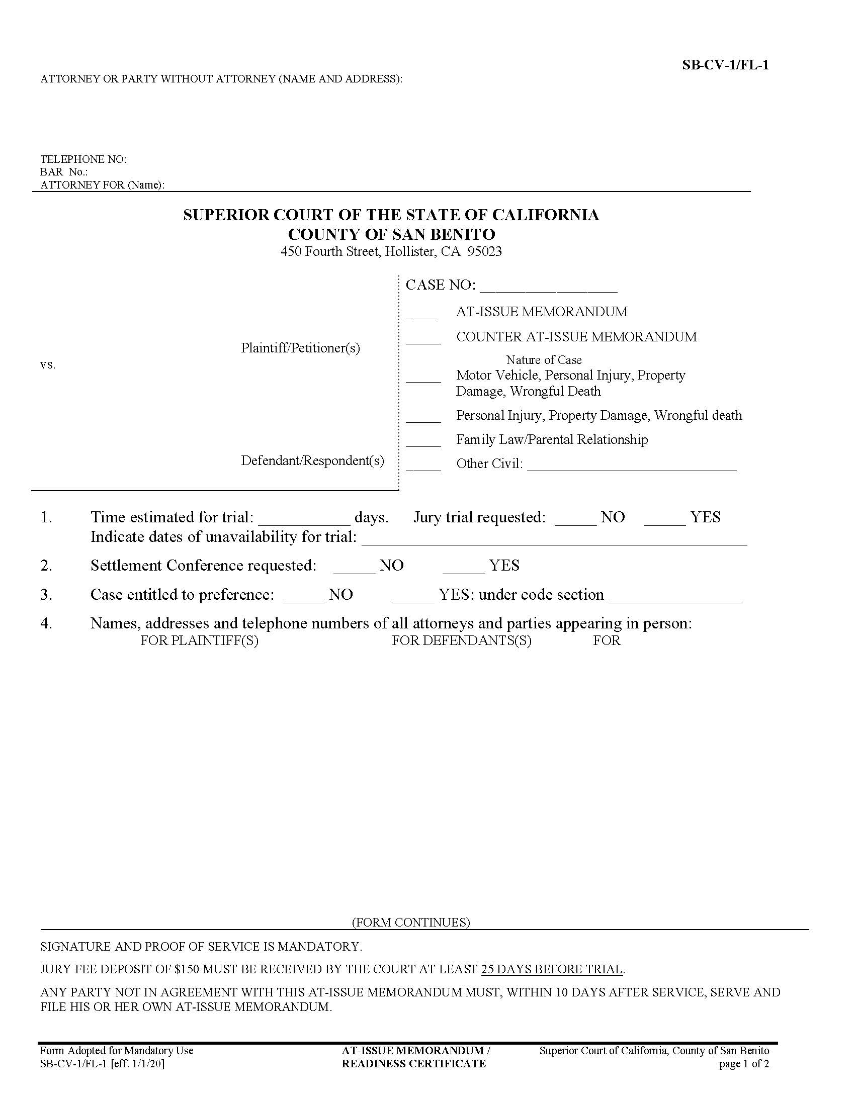 At-Issue Memorandum-Readiness Certificate {SB-CV-1 FL-1} | Pdf Fpdf Doc Docx | California