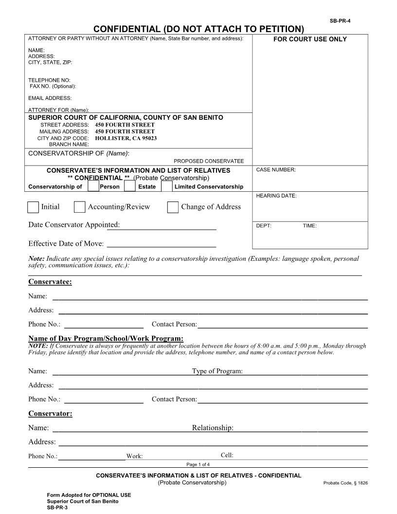 Conservatees Information For Review Hearing {SB-PR-4} | Pdf Fpdf Docx | California