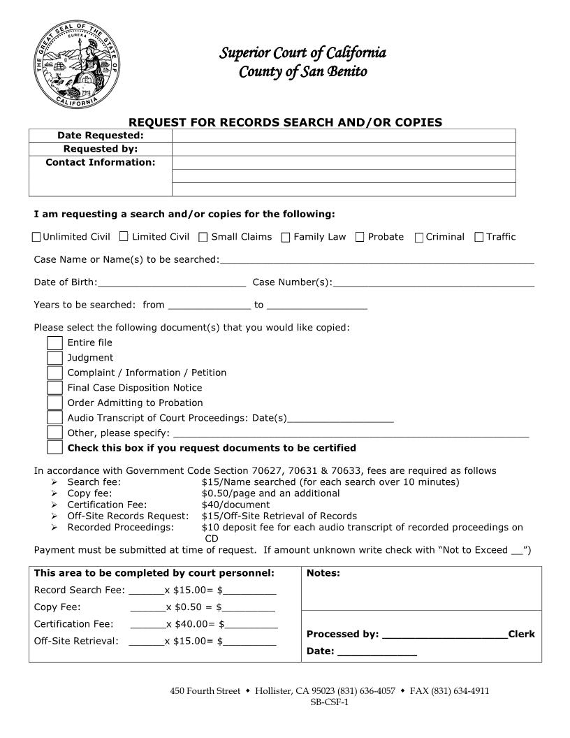 Copy And Search Request Form {SB-CSF-1} | Pdf Fpdf Docx | California