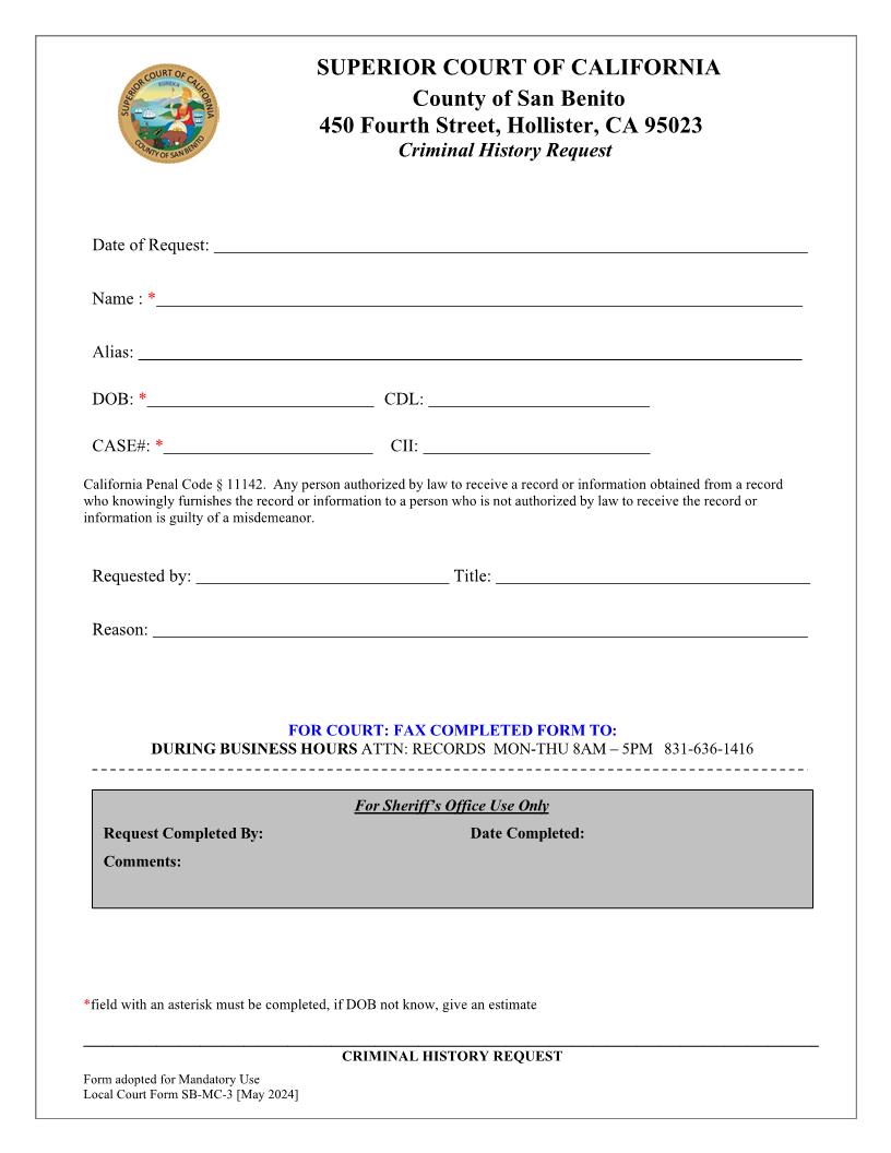 Criminal History Request {SB-MC-3} | Pdf Fpdf Docx | California