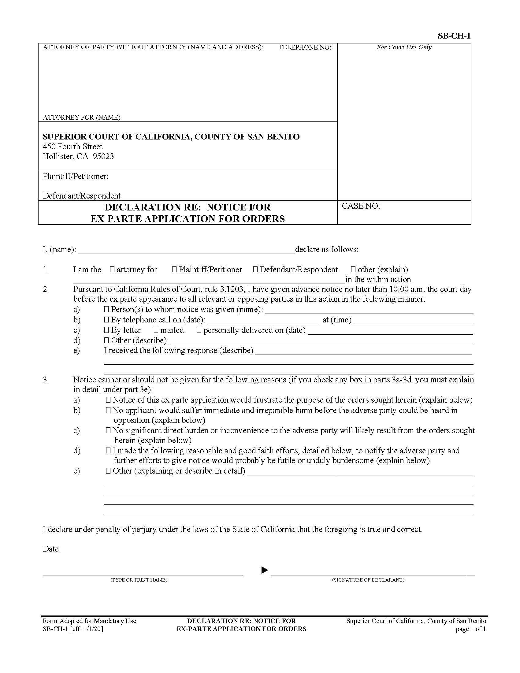 Declaration Re Notice For Ex Parte Application For Orders {SB-CH-1} | Pdf Fpdf Doc Docx | California