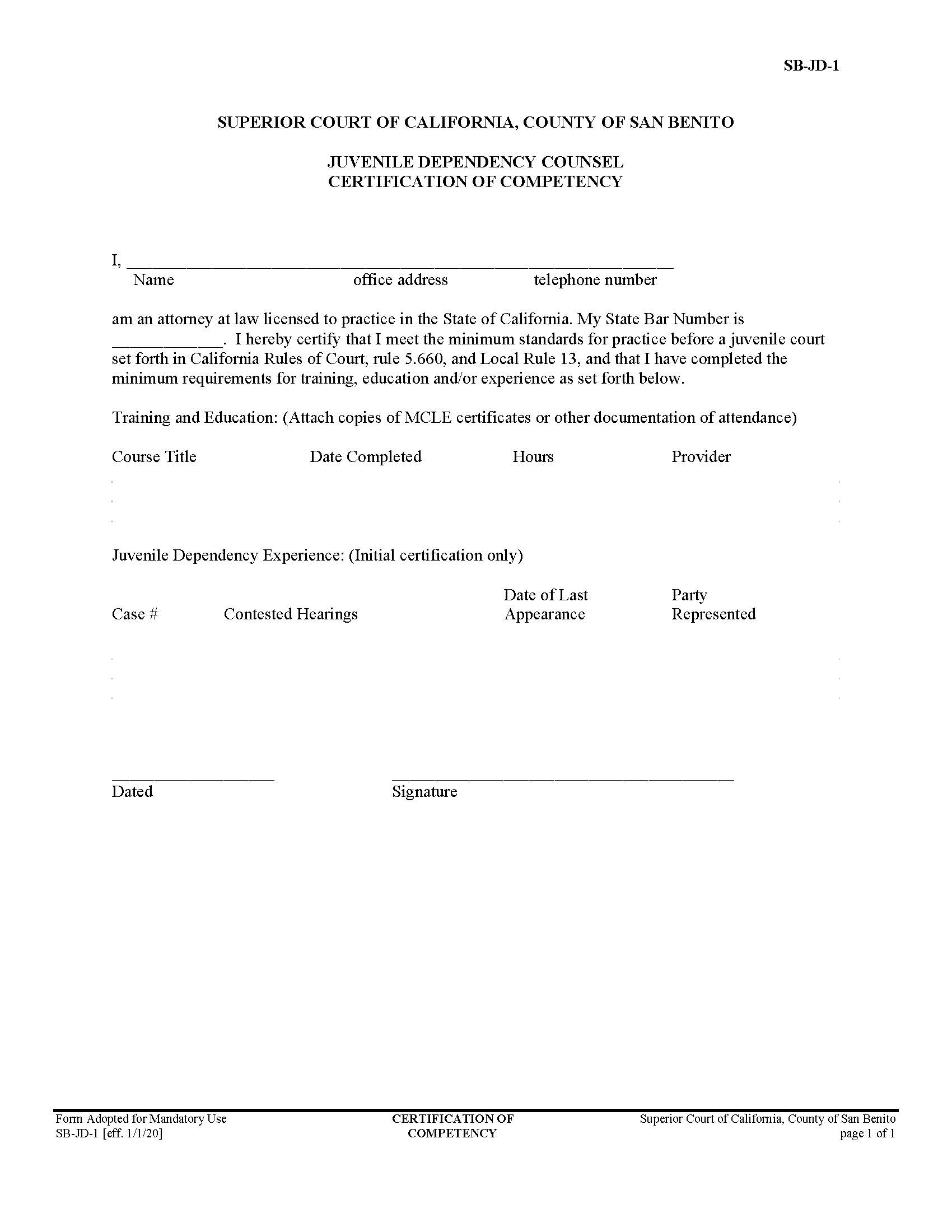 Juvenile Dependency Counsel Certification Of Compentency {SB-JD-1} | Pdf Fpdf Doc Docx | California