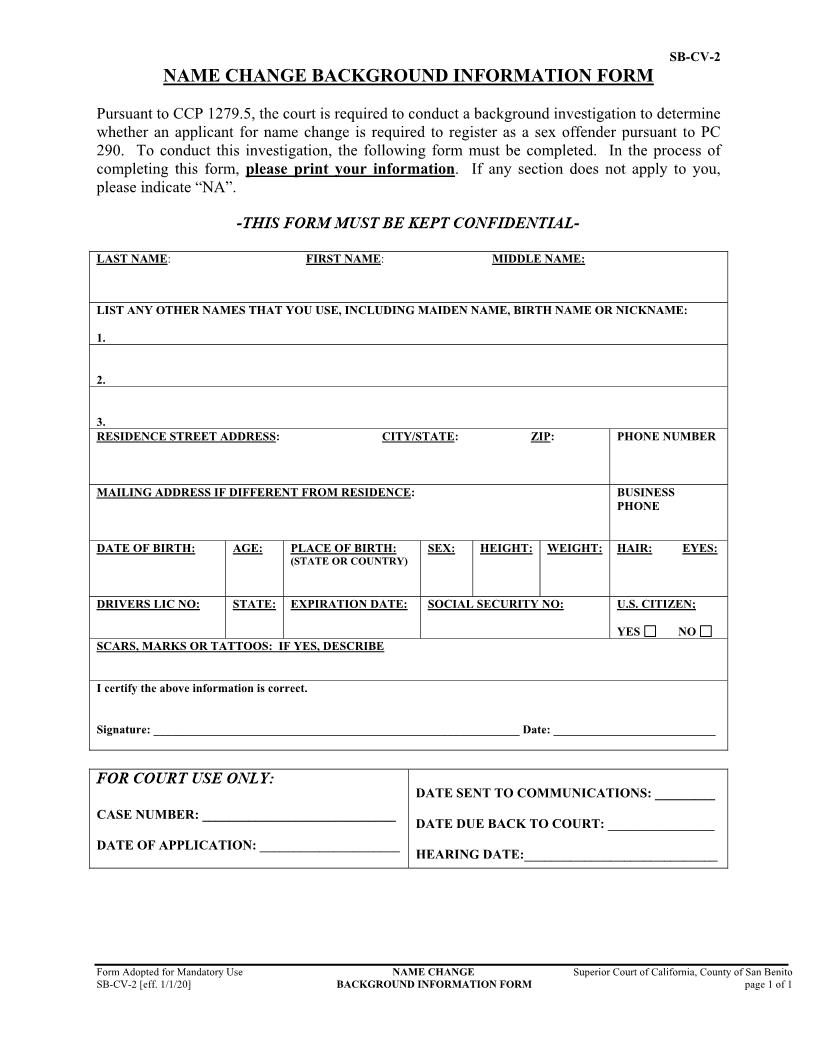 Name Change Background Information Form {SB-CV-2} | Pdf Fpdf Docx | California