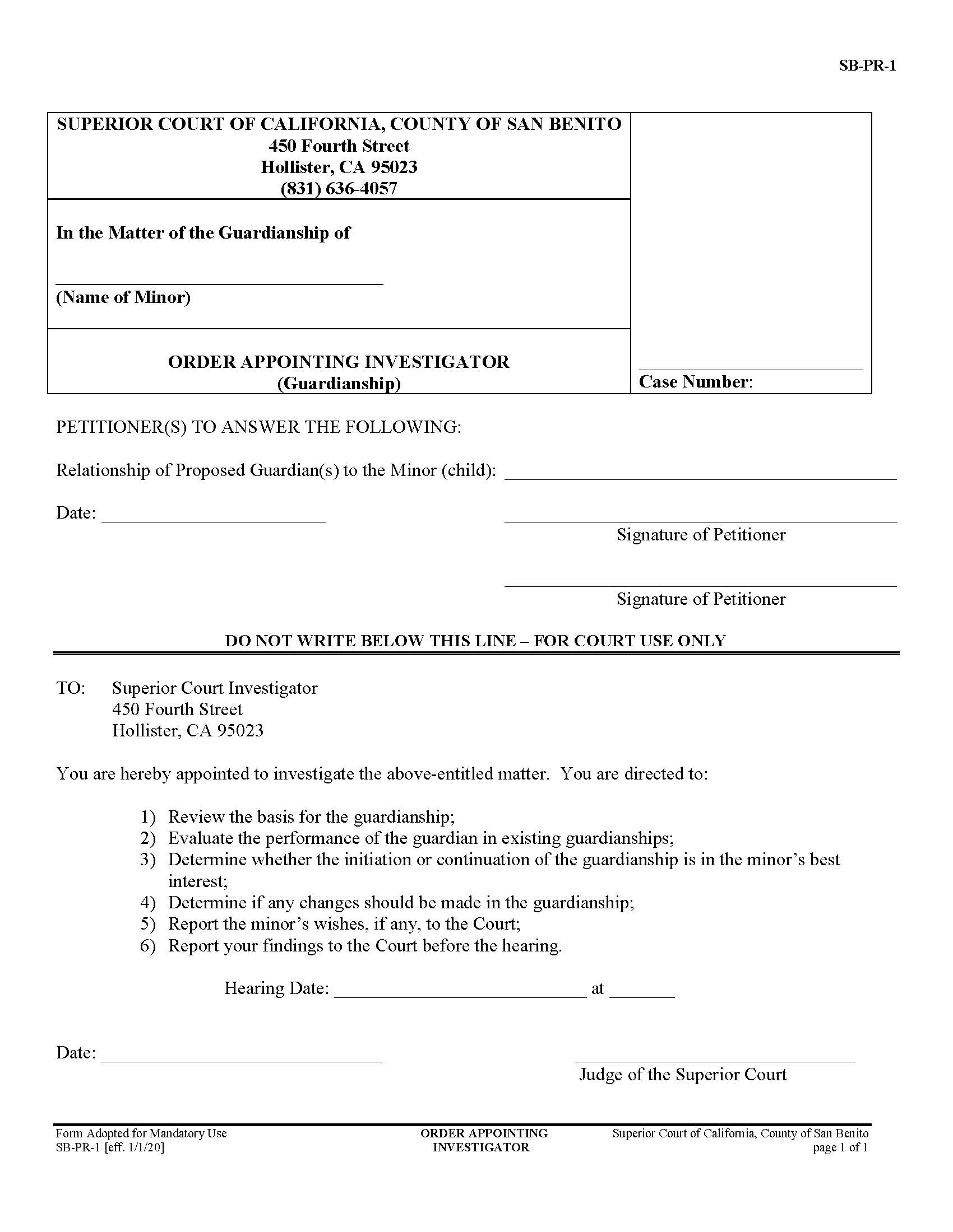 Order Appointing Investigator (Guardianship) {SB-PR-1} | Pdf Fpdf Doc Docx | California