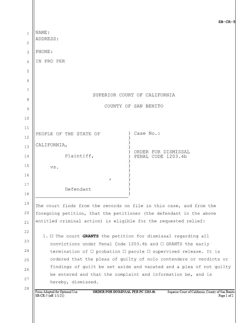 Order For Dismissal 1203.4b {SB-CR-5} | Pdf Fpdf Docx | California
