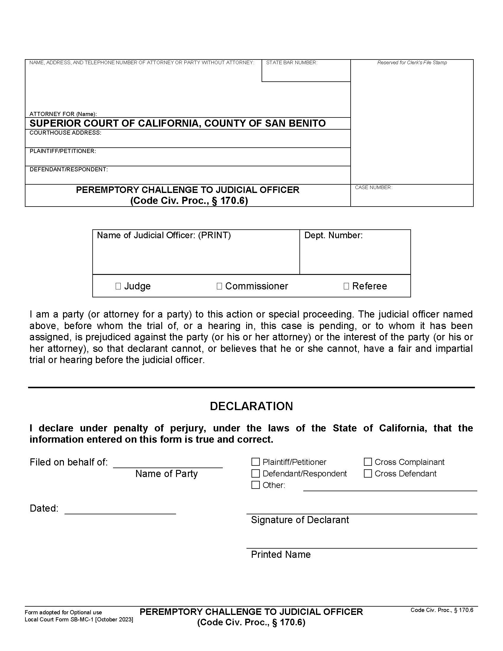 Peremptory Challenge To Judicial Officer {SB-MC-1} | Pdf Fpdf Docx | California