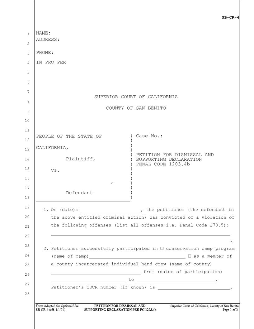 Petition For Dismissal And Supporting Declaration For 1203.4b {SB-CR-4} | Pdf Fpdf Docx | California