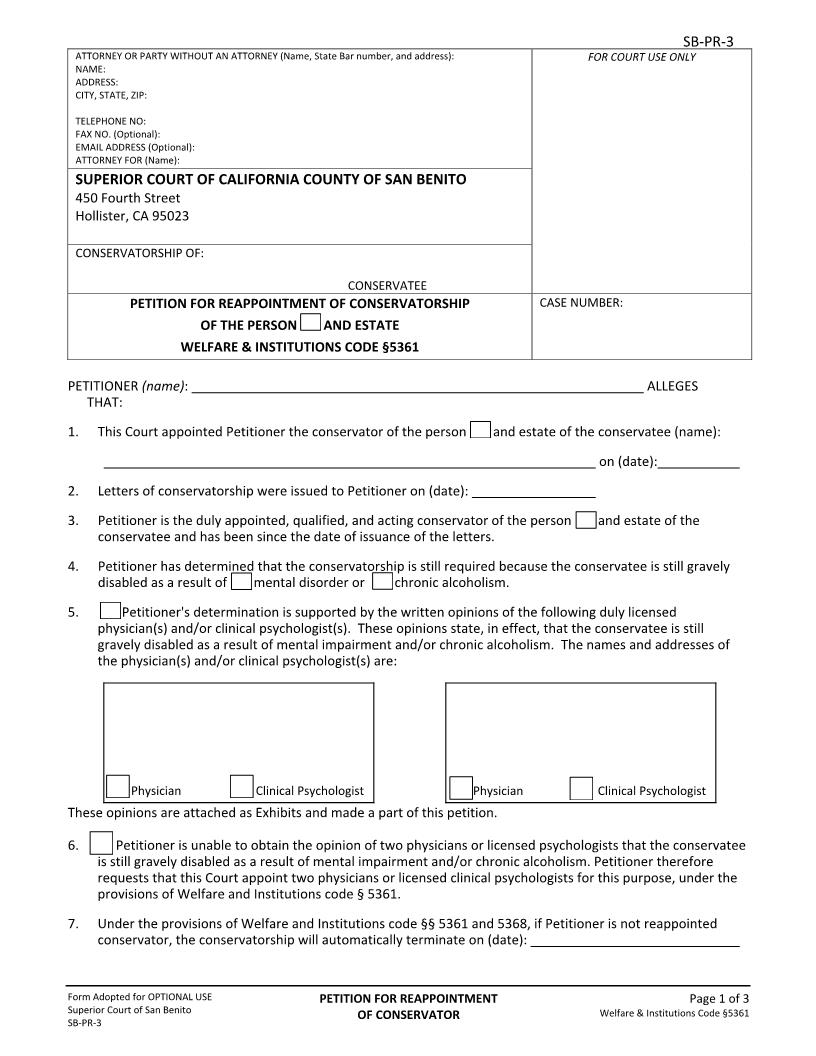 Petition For Reappointment Of Conservatorship {SB-PR-3} | Pdf Fpdf Docx | California