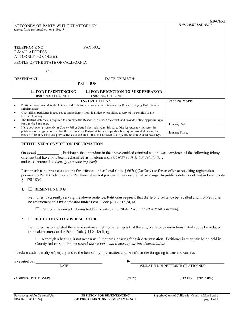 Petition For Resentencing Or For Reduction To Misdemeanor {SB-CR-1} | Pdf Fpdf Docx | California
