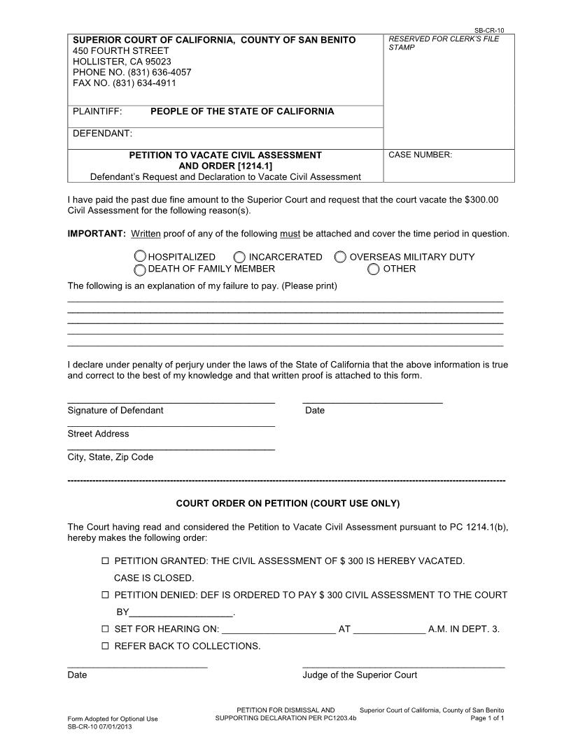 Petition To Vacate Civil Asessment {SB-CR-10} | Pdf Fpdf Docx | California