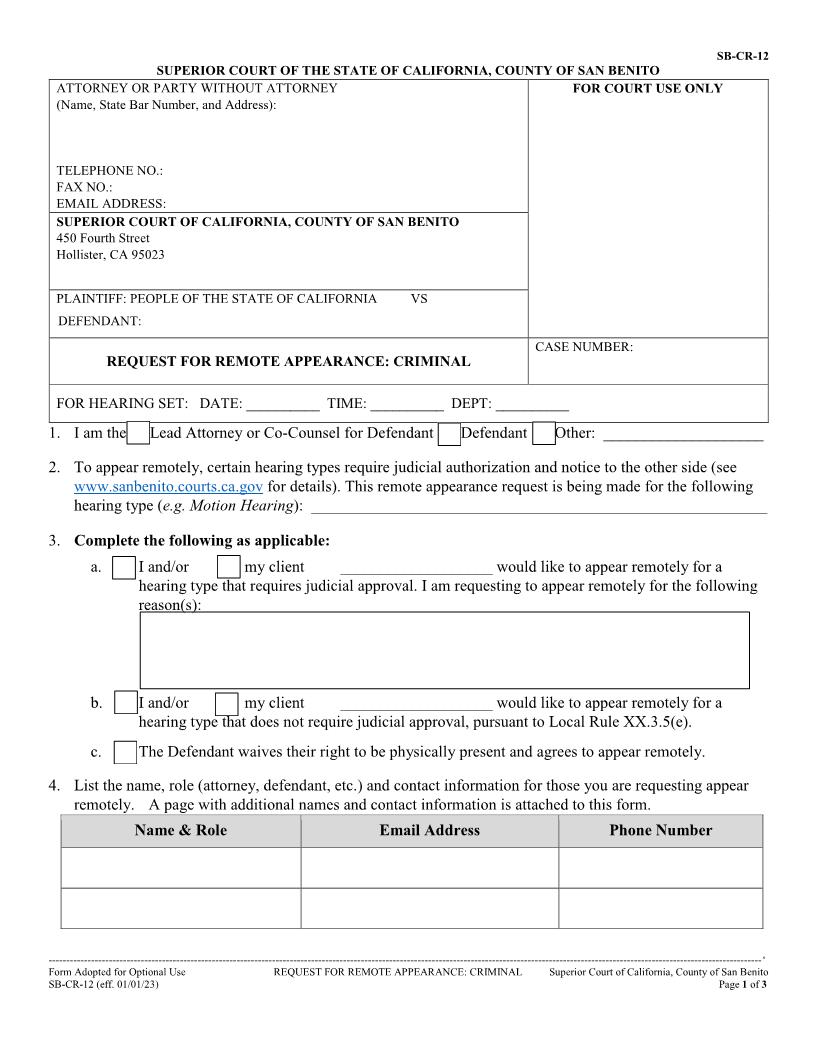 Request For Remote Appearance {SB-CR-12} | Pdf Fpdf Docx | California