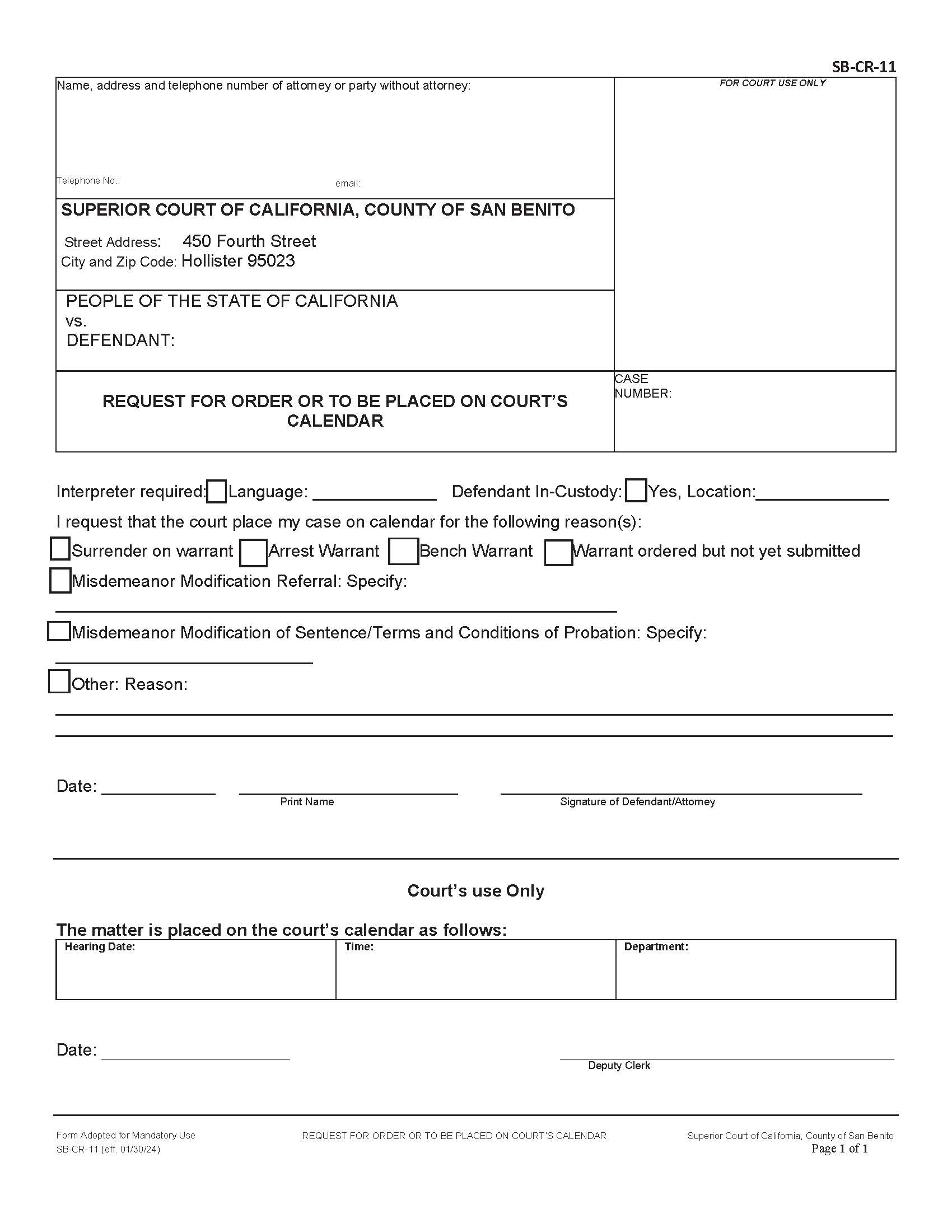 Request To Be Placed On Courts Calendar {SB-CR-11} | Pdf Fpdf Docx | California