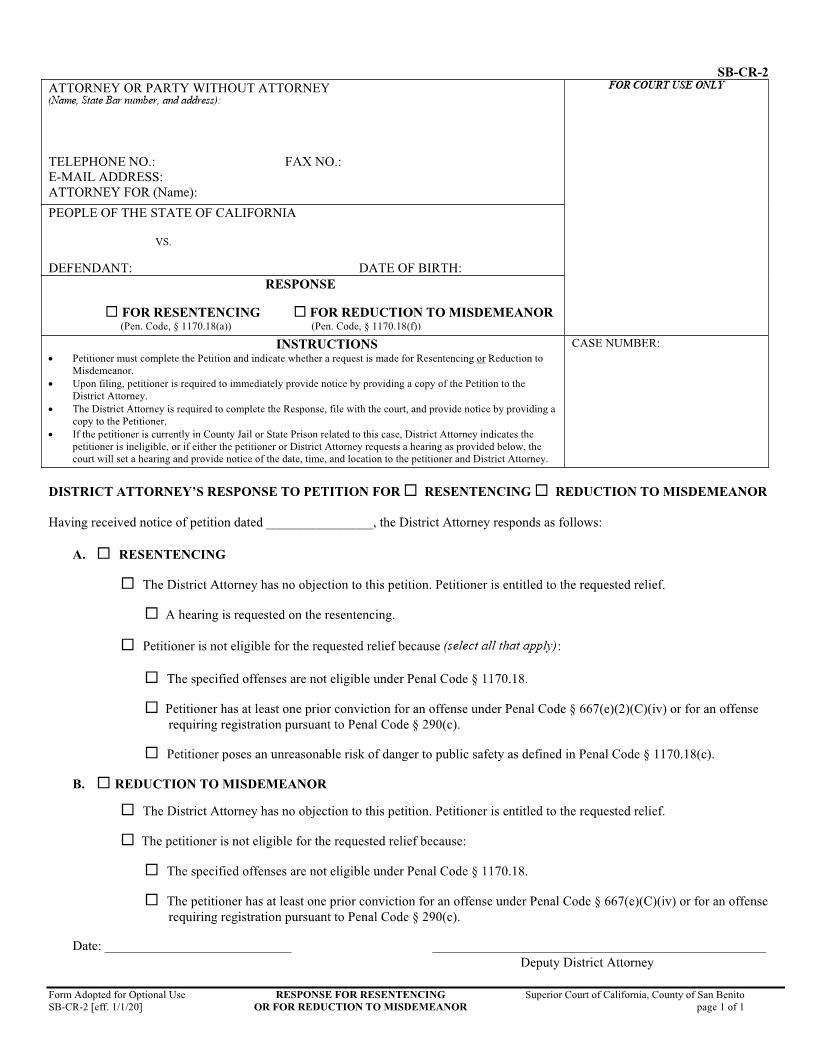 Response For Resentencing Or For Reduction To Misdemeanor {SB-CR-2} | Pdf Fpdf Docx | California