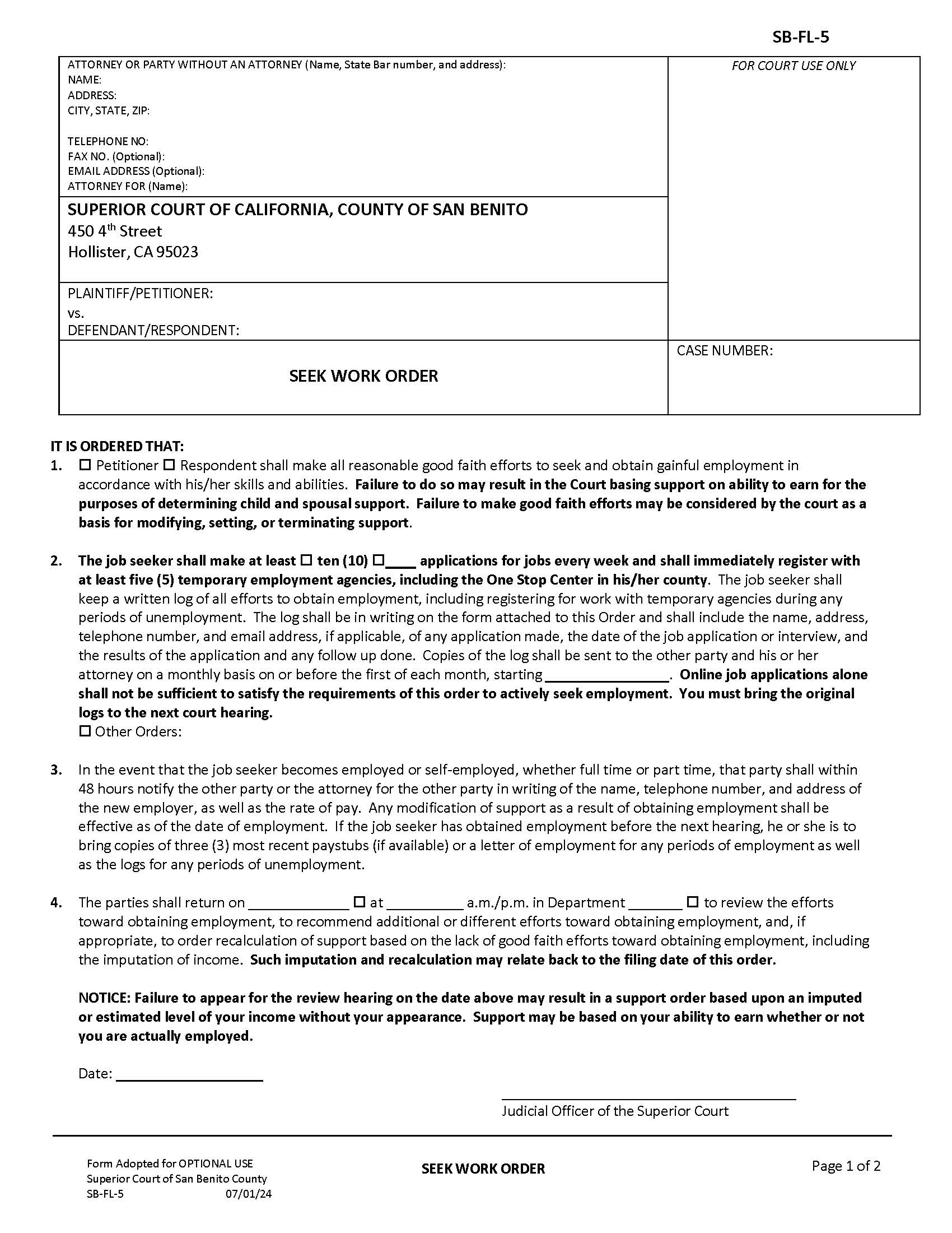 Seek Work Order {SB-FL-5} | Pdf Fpdf Docx | California