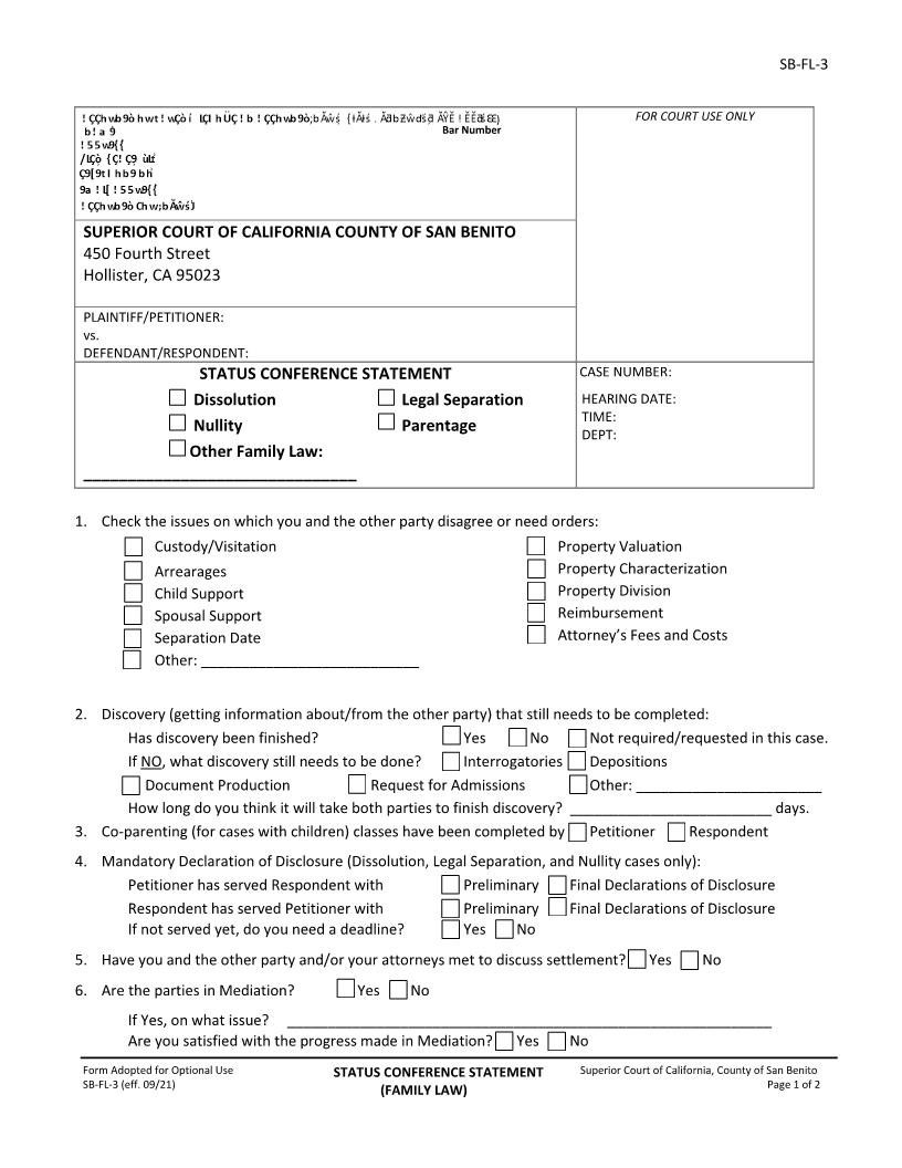 Status Conference Statement Form {SB-FL-3} | Pdf Fpdf Docx | California