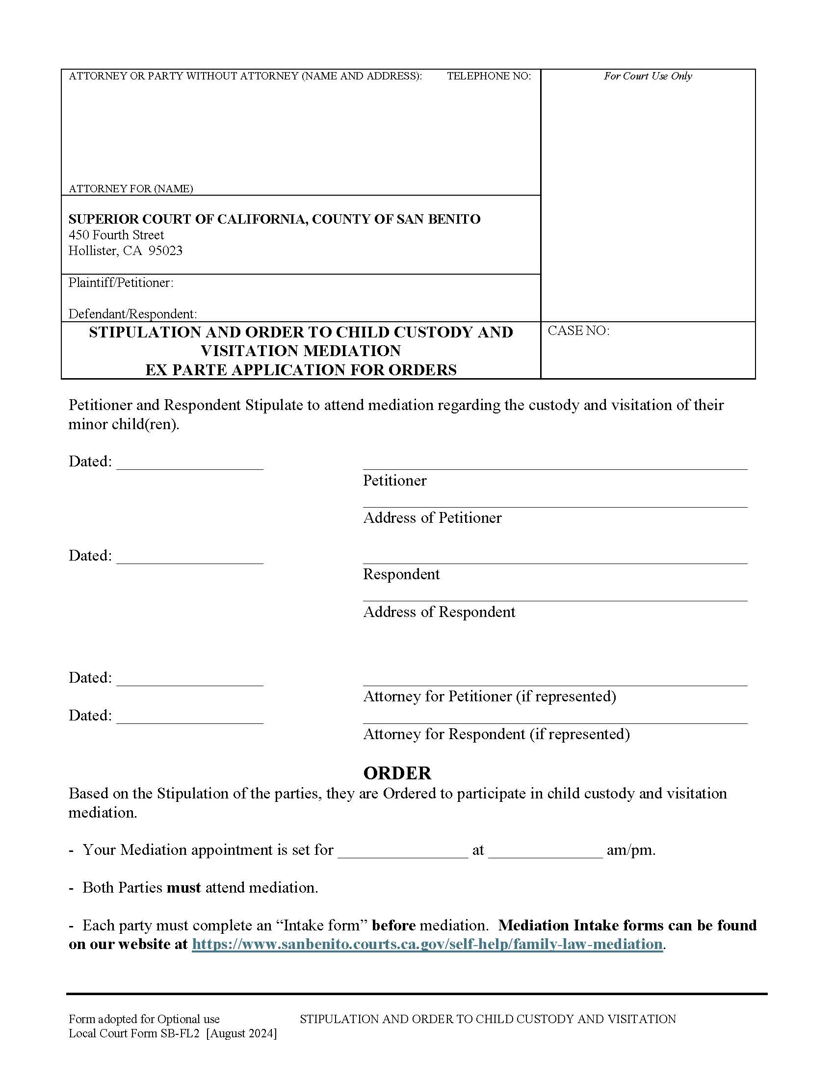 Stipulation And Order For Custody Or Visitation Mediation {SB-FL-2} | Pdf Fpdf Docx | California