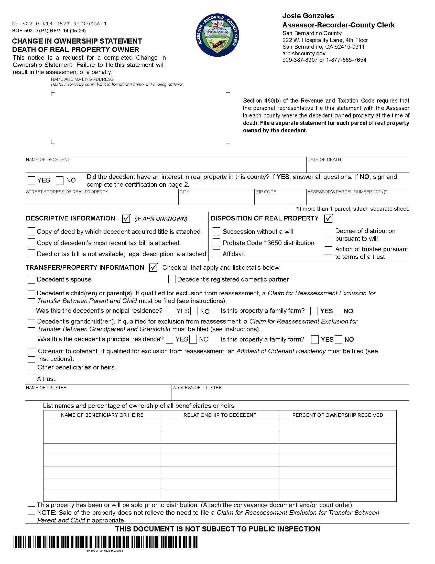 Change In Ownership Statement Death Of Real Property Owner (San Bernardino) {BOE-502-D} | Pdf Fpdf Doc Docx | California