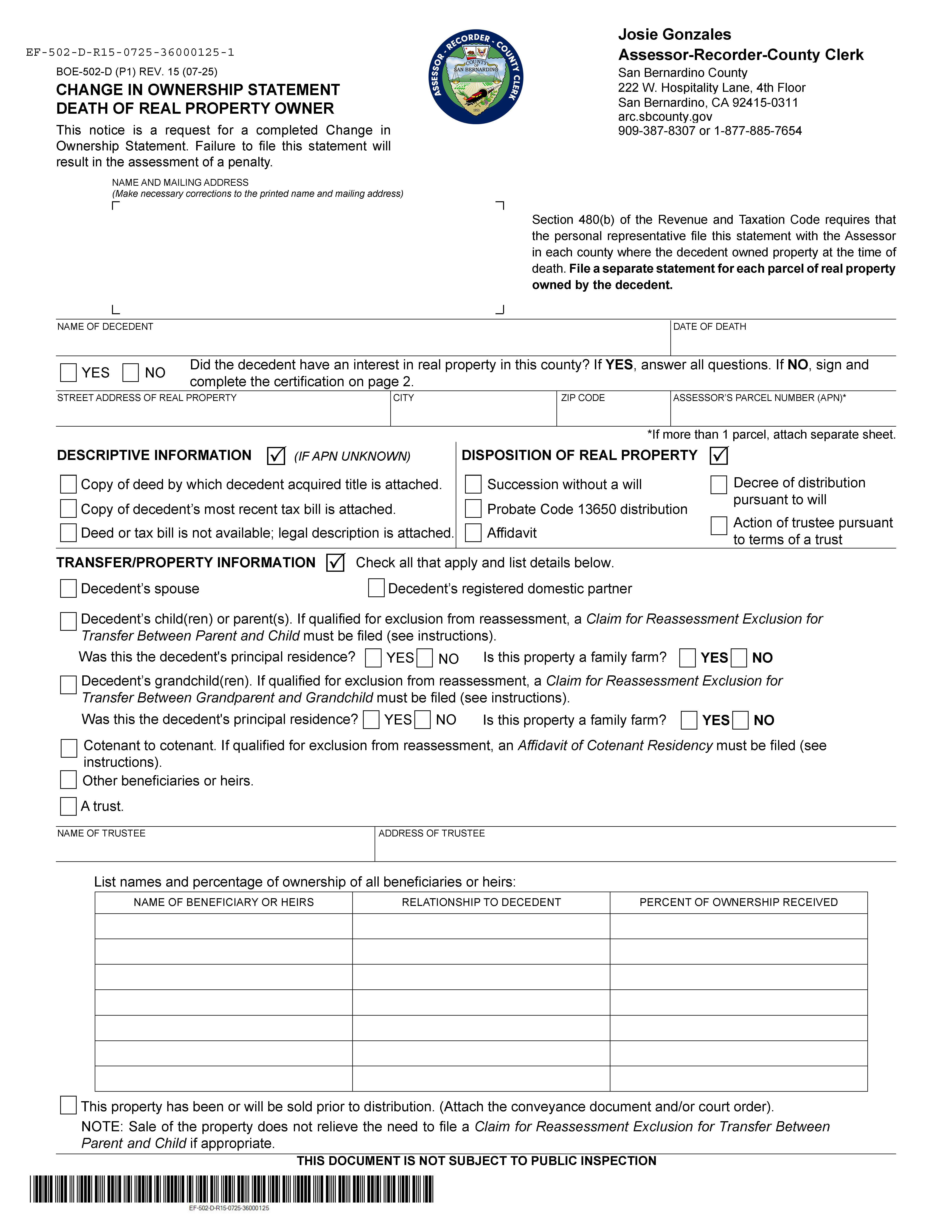 Change In Ownership Statement Death Of Real Property Owner (San Bernardino) {BOE-502-D} | Pdf Fpdf Doc Docx | California